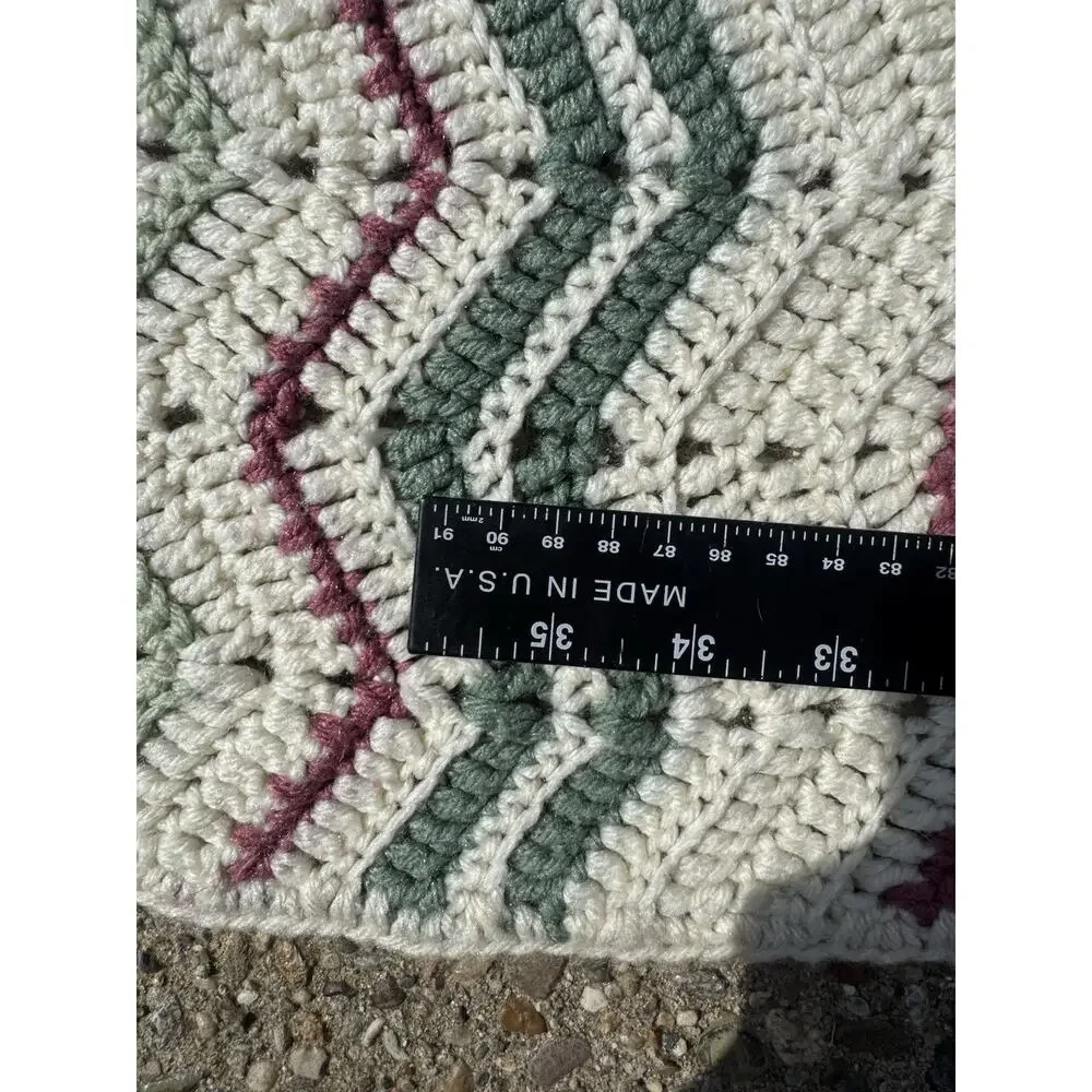 Handmade Crochet Chevron Afghan Blanket Green Burgundy Cream 73x90 Large